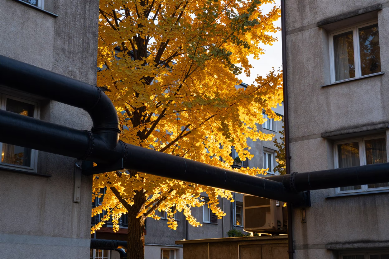 Berlin District Heating Pipes and Autumn Ginkgo Trees at Dusk in in Berlin, Germany