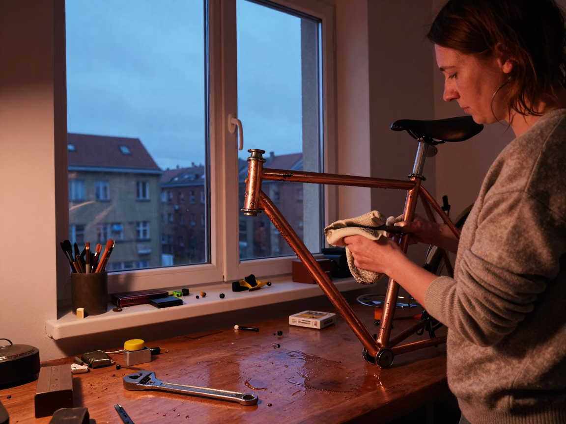 Berlin Dusk Interior with Adjustable Spanner and Grease Sheen on Bicycle Frame in in Berlin, Germany