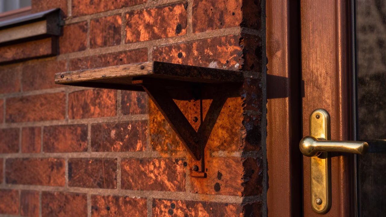 Berlin Dusk Scene with Rusty Shelf Bracket and Brass Escutcheon Detail in in Berlin, Germany