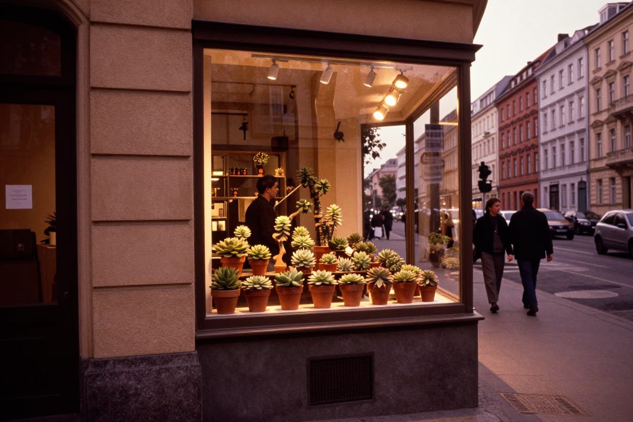 Berlin Dusk Street Scene with Succulents and Urban Architecture in Copper Light in in Berlin, Germany
