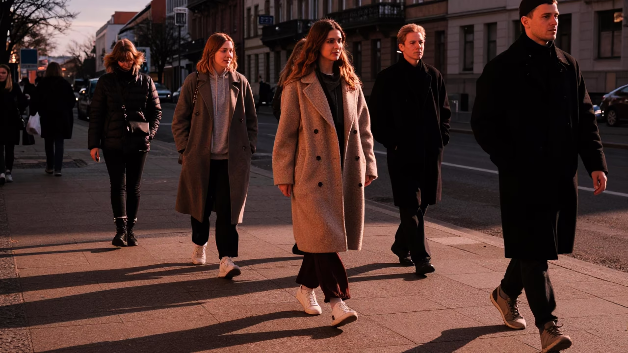 Berlin Dusk Street Style Fashion Photography with Urban Shadows and Copper Light in in Berlin, Germany