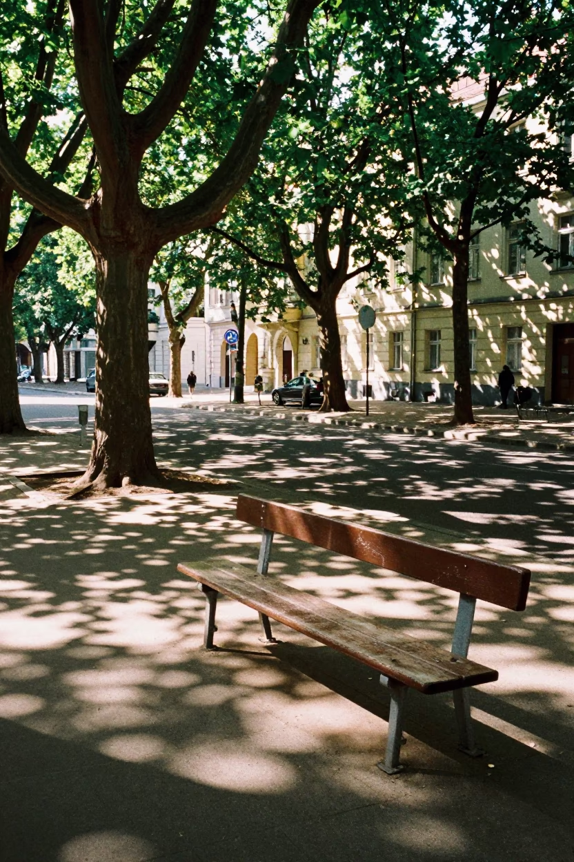 Berlin Early Afternoon Street Scene with Scratched Bench and Urban Details in in Berlin, Germany