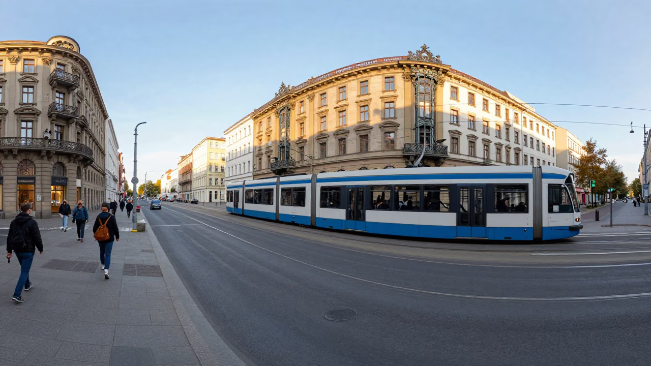 Berlin Early Afternoon Street Scene with Tram and Art Nouveau Facades in in Berlin, Germany