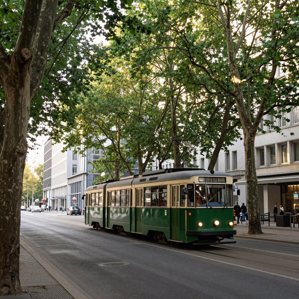 Berlin Early Afternoon Street Scene with Vintage Trolley and Urban Greenery in in Berlin, Germany