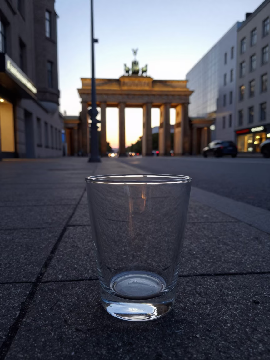 Berlin Early Evening Street Scene with Glass Tumbler and Urban Details in in Berlin, Germany