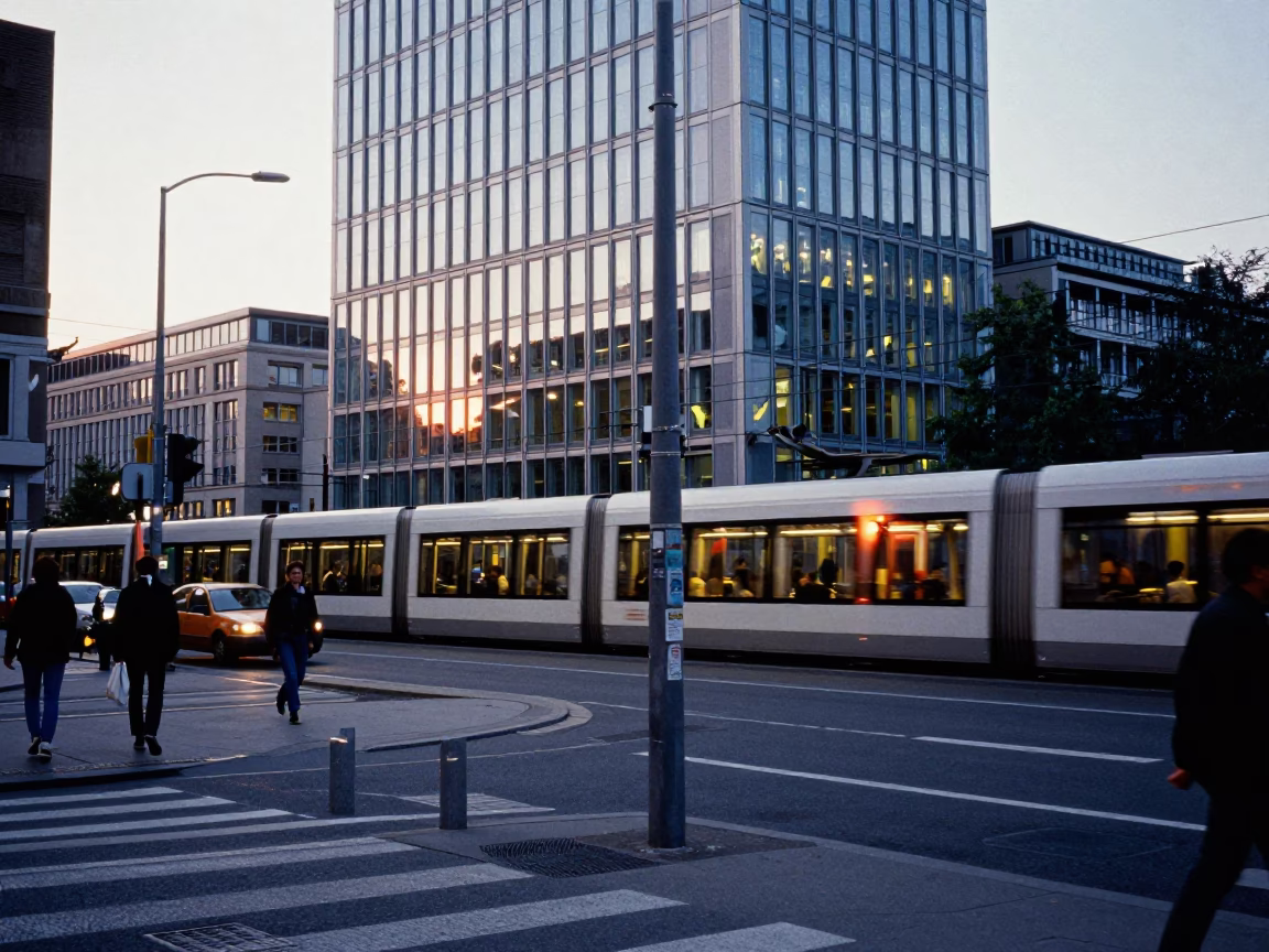 Berlin Early Evening Street Scene with Monorail Reflection and Urban Life in in Berlin, Germany