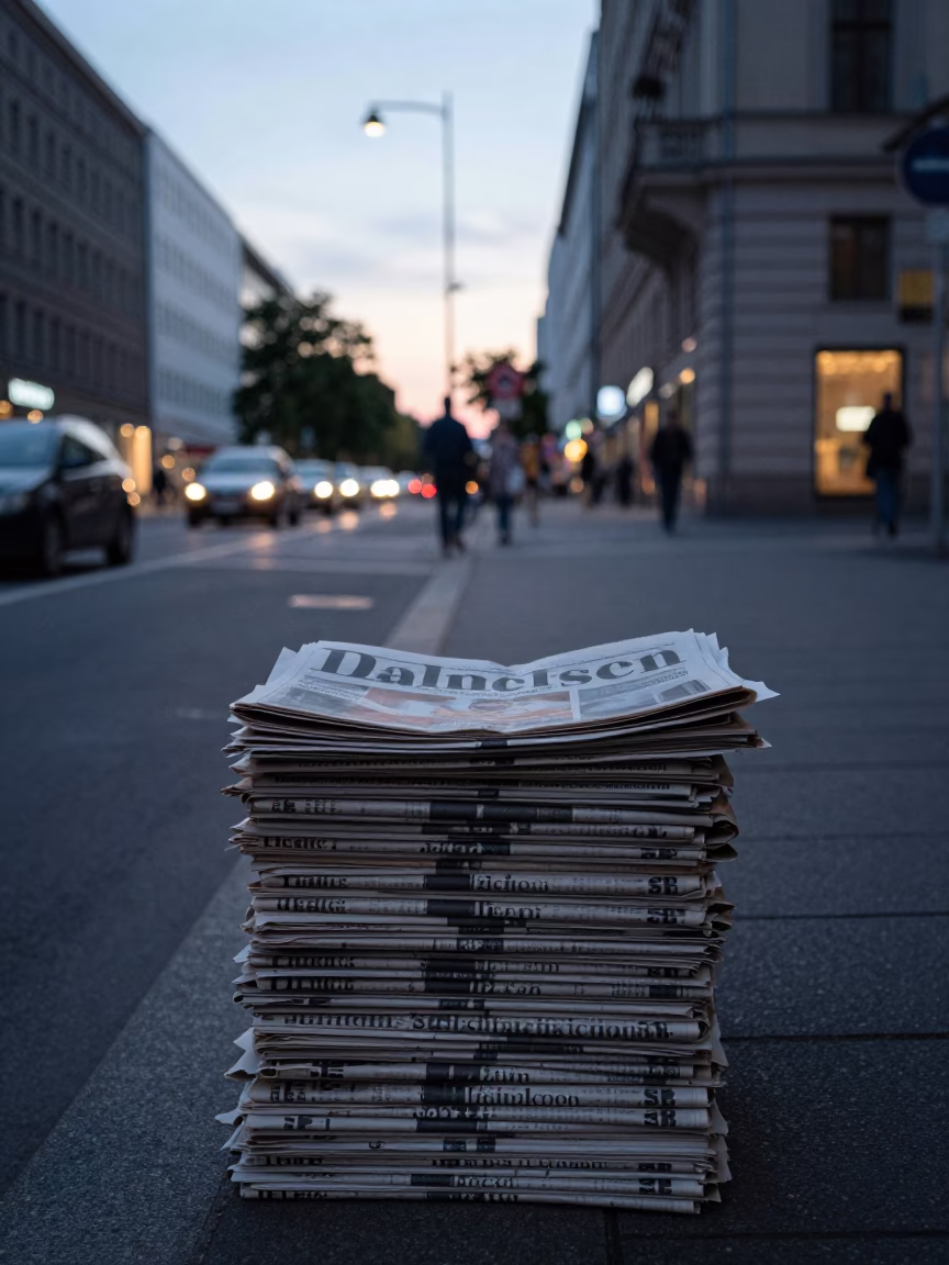 Berlin Early Evening Street Scene with Newspaper Stack and Paint Flecks on Urban Wall in in Berlin, Germany