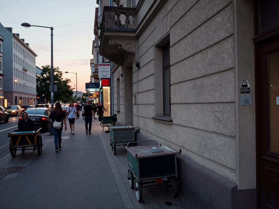 Berlin Early Evening Street Scene with Rolling Carts and Urban Decay in in Berlin, Germany
