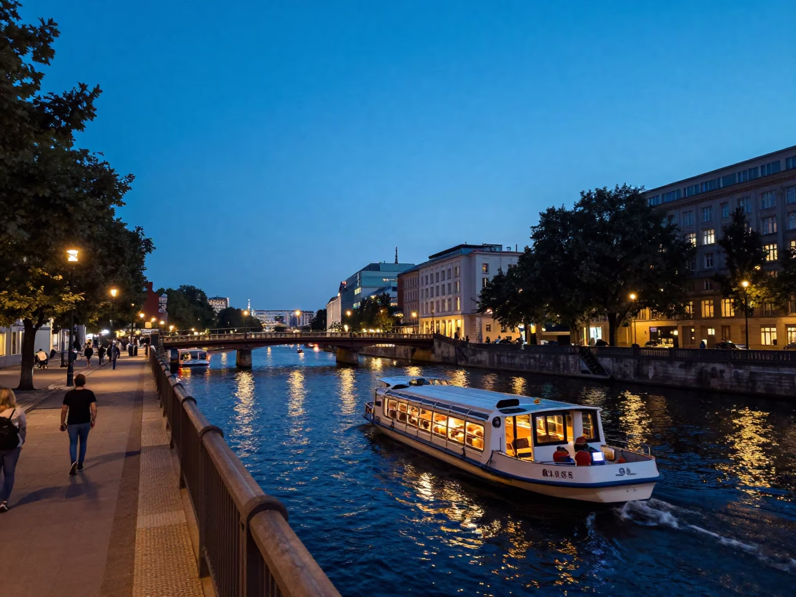 Berlin Early Evening Street Scene with Water Taxi and Viaduct in in Berlin, Germany