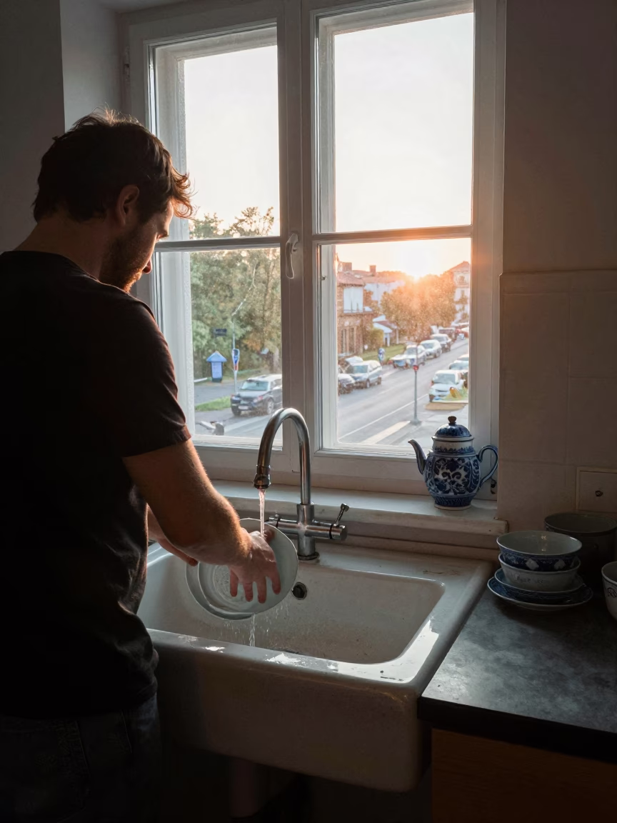 Berlin East German Morning Sunrise Blue Porcelain and Kitchen Sink Candid Street Photography 1980s in in Berlin, Germany
