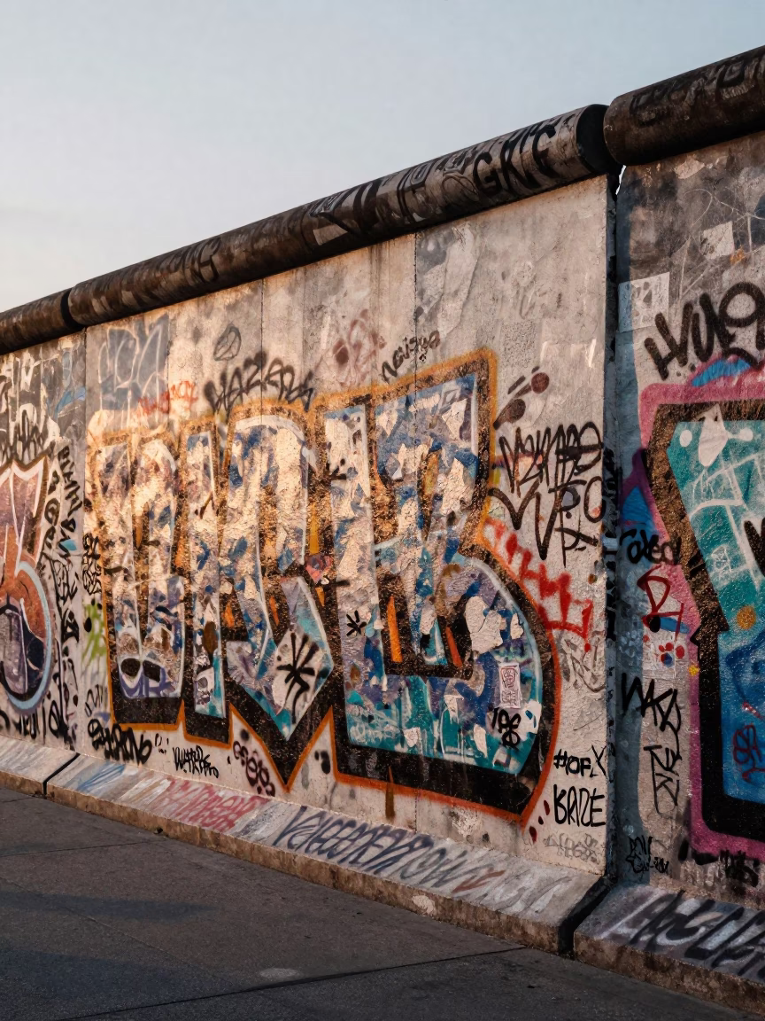 Berlin East Side Gallery Morning Light with Graffiti and Bicycle in in Berlin, Germany