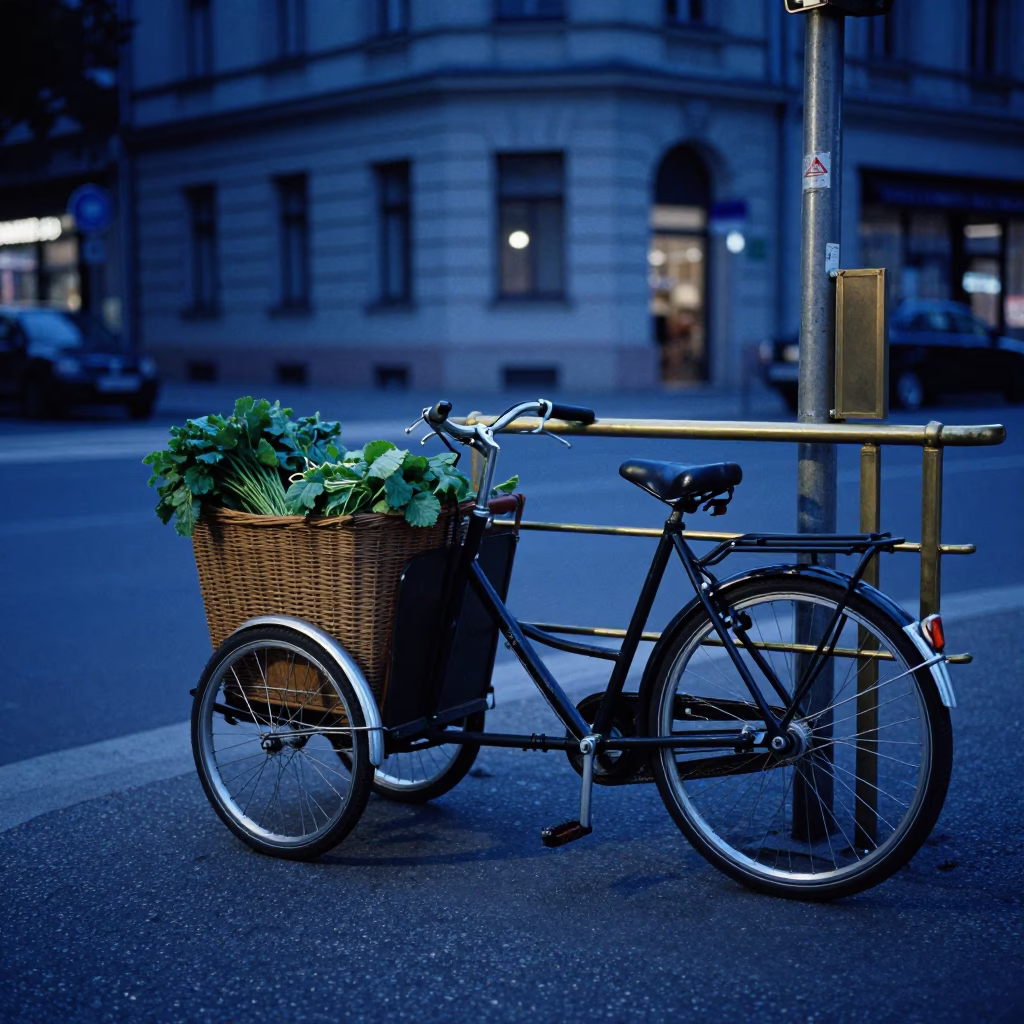 Berlin Evening Blue Hour Cargo Bicycle and Brass Rail Urban Scene in in Berlin, Germany