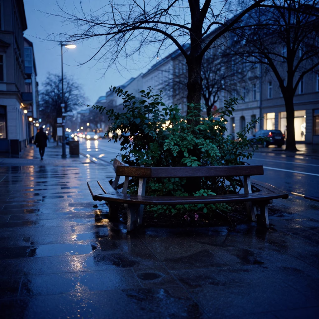 Berlin Evening Blue Hour Street Scene with Garden Benches and Rain Puddles in in Berlin, Germany