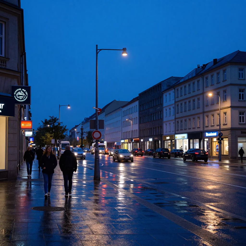 Berlin Evening Blue Light Street Scene with Vietnamese Coffee and Food Vendors in in Berlin, Germany