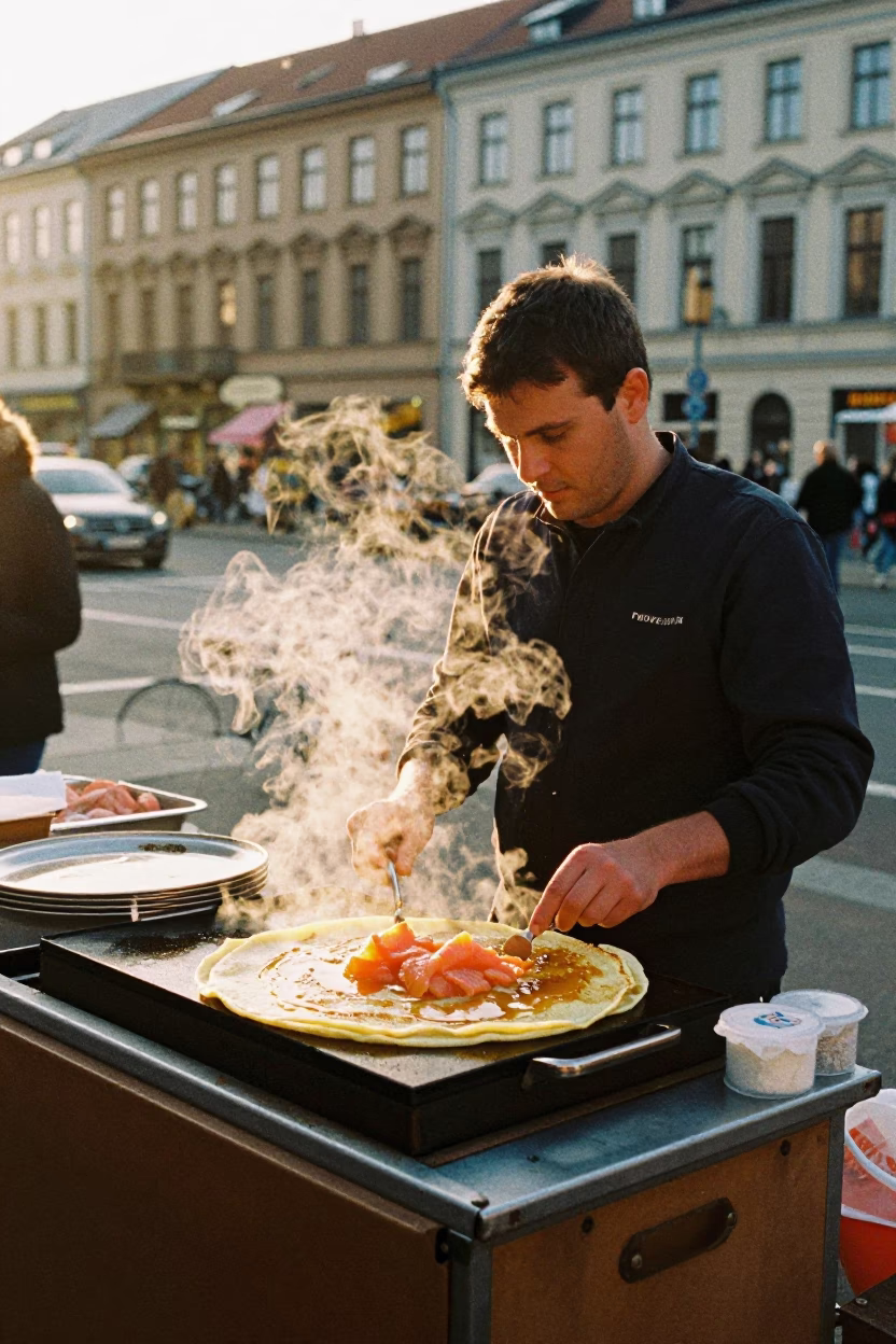 Berlin Evening Light Captures Street Vendor Selling Blini with Smoked Salmon and Dill in in Berlin, Germany