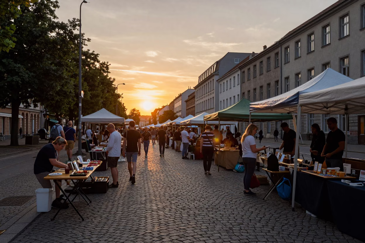 Berlin Evening Street Market Scene with Folding Tables and Railway Viaduct in in Berlin, Germany