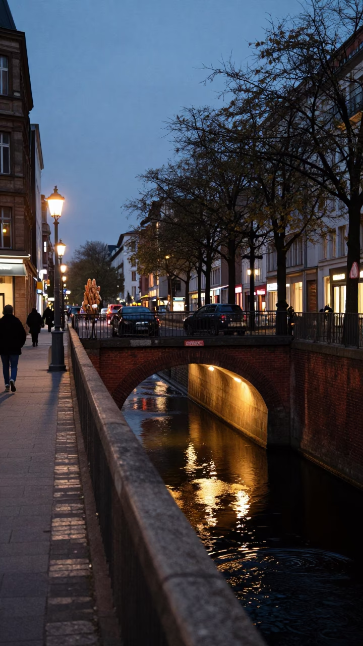Berlin Evening Street Scene with Baguettes and Canal Tunnel in in Berlin, Germany