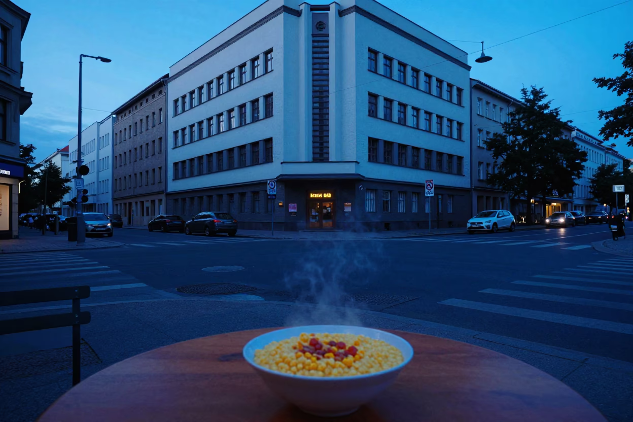 Berlin Evening Street Scene with Bauhaus Architecture and Local Dining in in Berlin, Germany