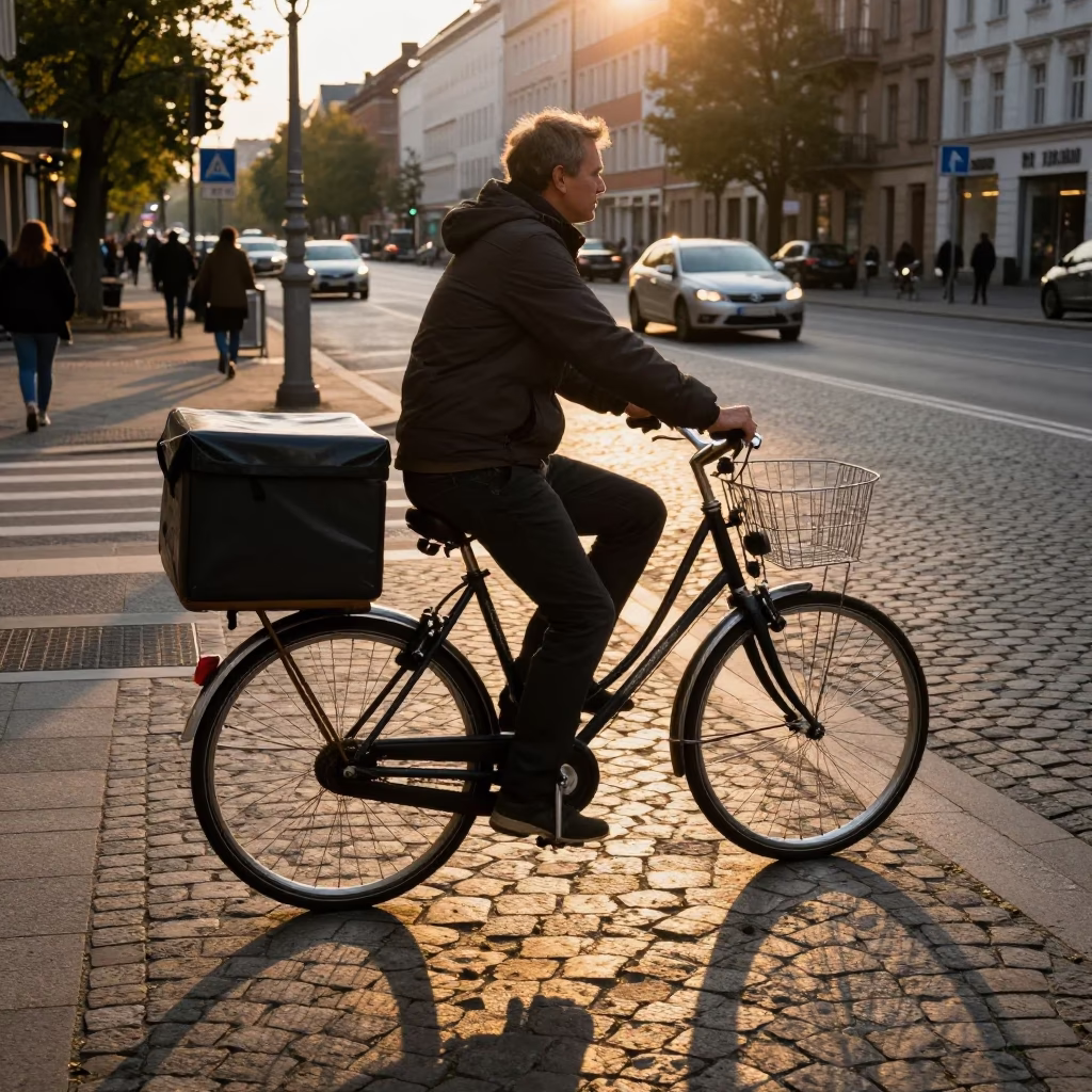 Berlin Evening Street Scene with Bicycle Delivery and Cobblestone Pavement in in Berlin, Germany
