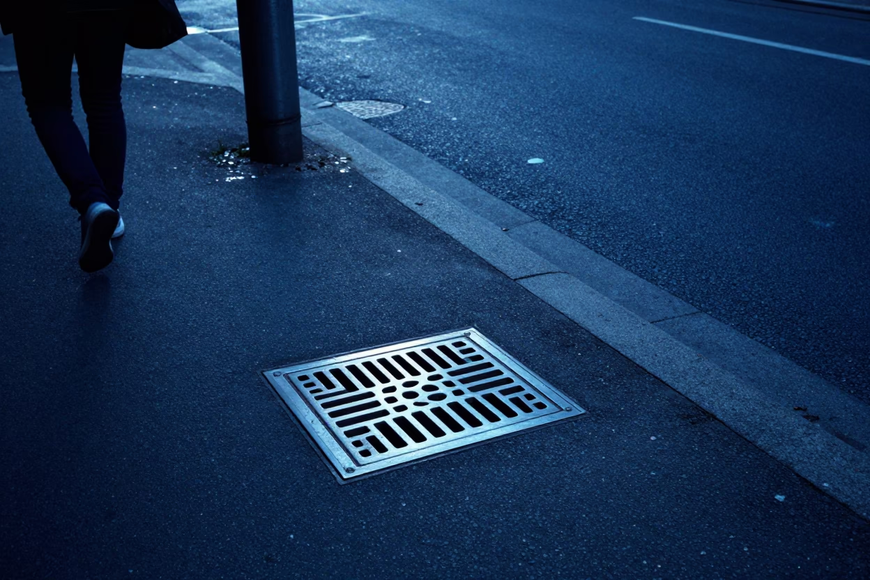 Berlin Evening Street Scene with Brushed Steel Drain and Urban Infrastructure in in Berlin, Germany
