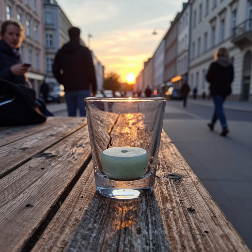 Berlin Evening Street Scene with Glass Tumbler and Jade Plant in Honeyed Light in in Berlin, Germany