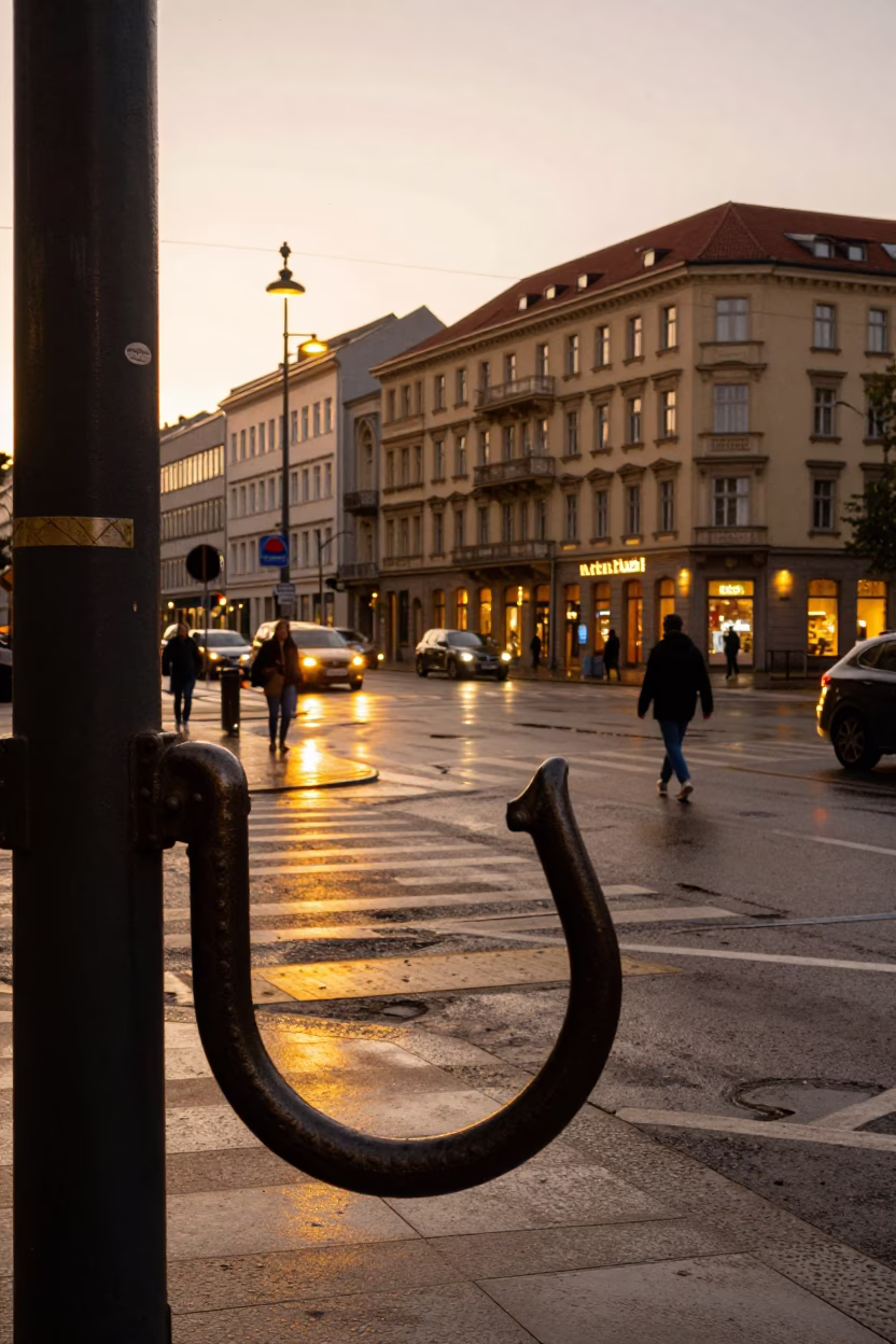 Berlin Evening Street Scene with Iron Hook Detail and Steam Haze in in Berlin, Germany