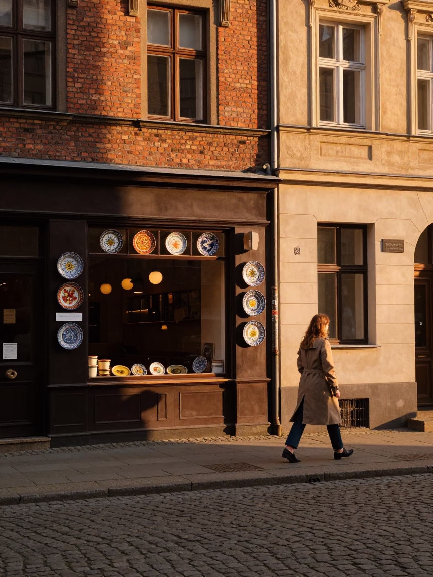 Berlin Evening Street Scene with Majolica Plates and Urban Life in in Berlin, Germany