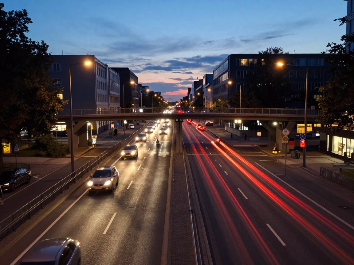Berlin Evening Street Scene with Overpass and Taillight Streaks in in Berlin, Germany