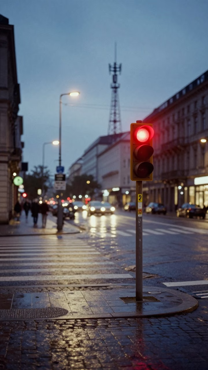 Berlin Evening Street Scene with Red Beacon and Urban Details in in Berlin, Germany