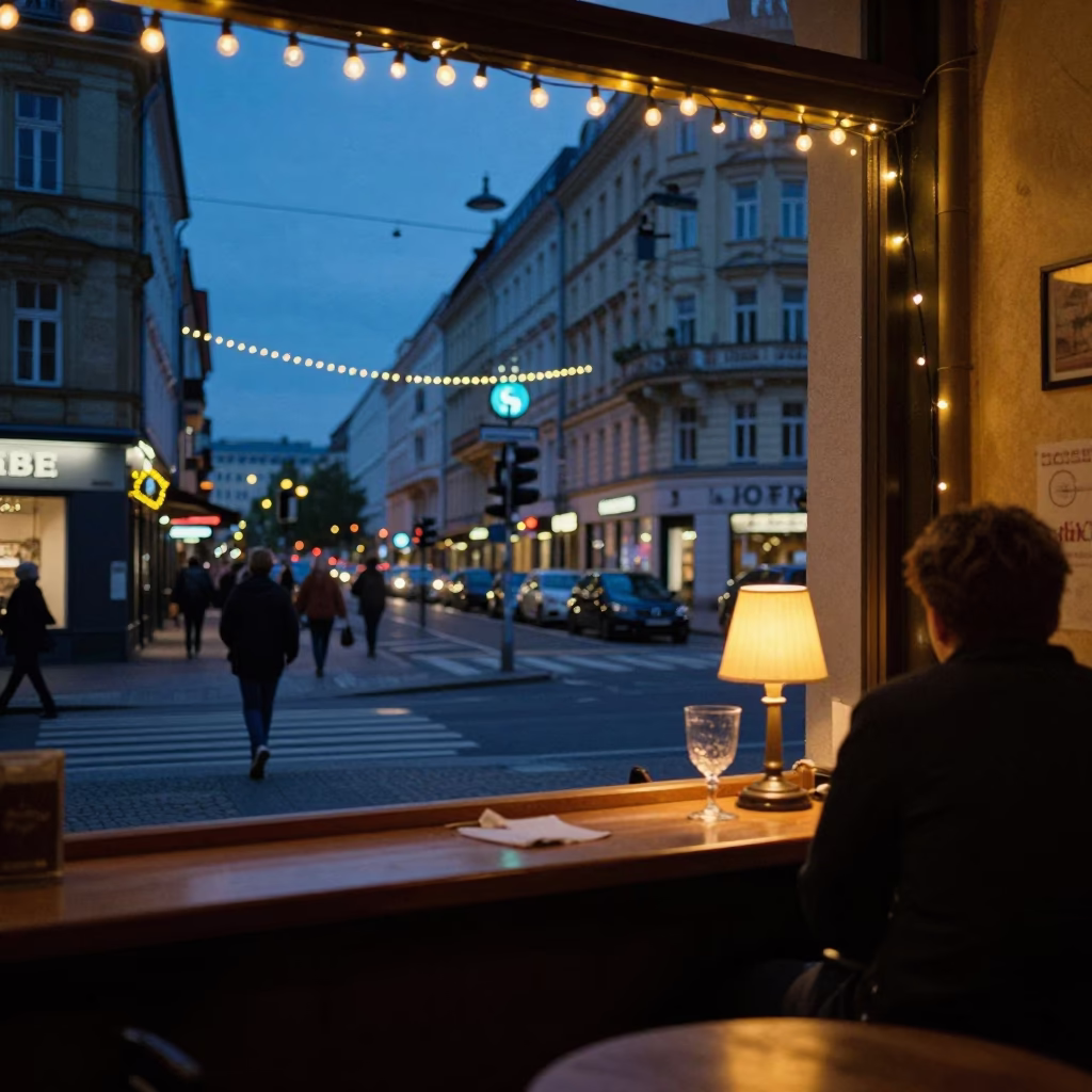Berlin Evening Street Scene with String Lights and Local Shop Details in in Berlin, Germany