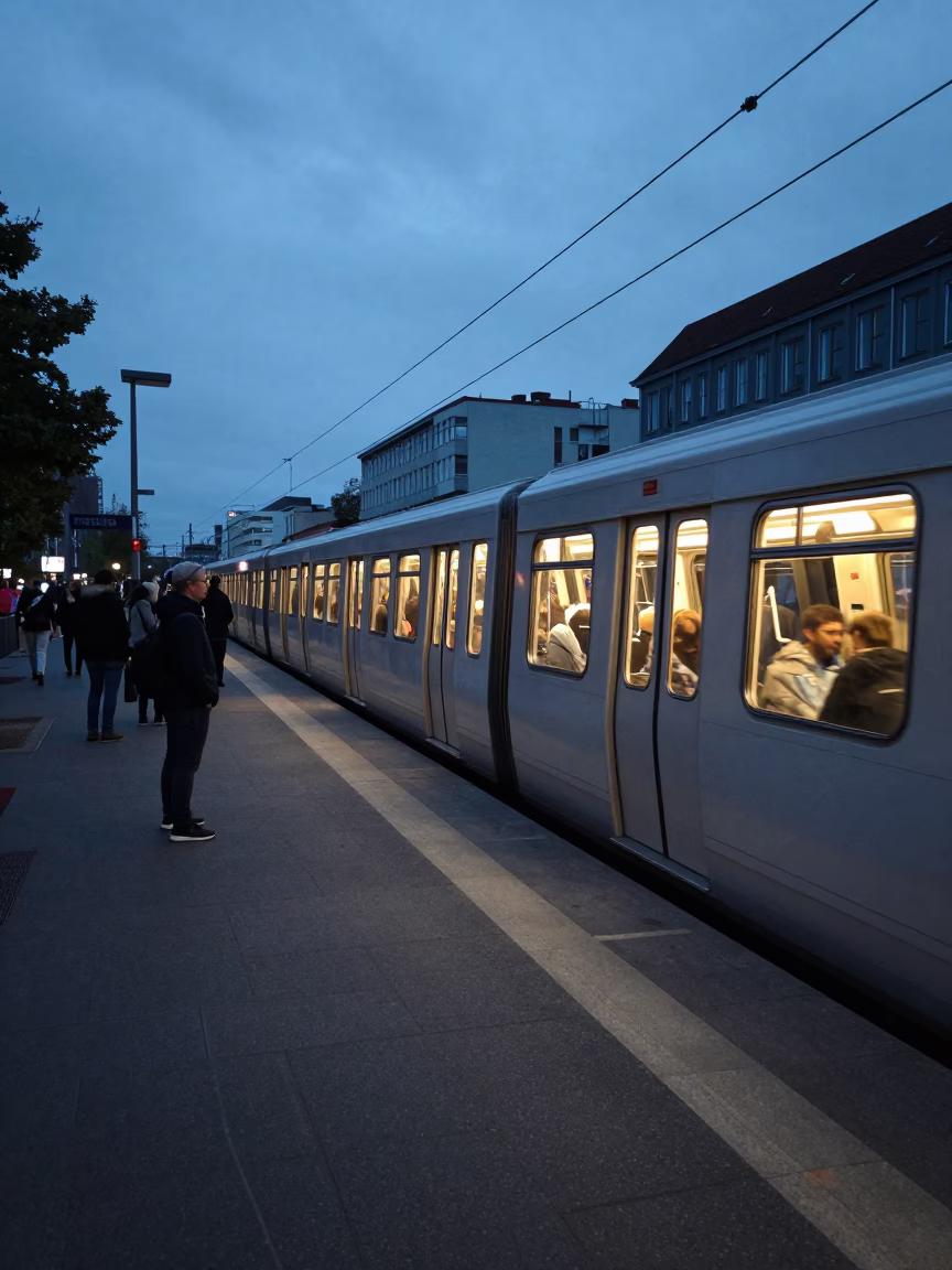 Berlin evening street scene with U-Bahn train and urban details in in Berlin, Germany