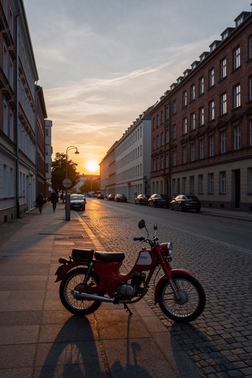 Berlin Evening Street Scene with Vintage Motorcycle and Urban Architecture in in Berlin, Germany