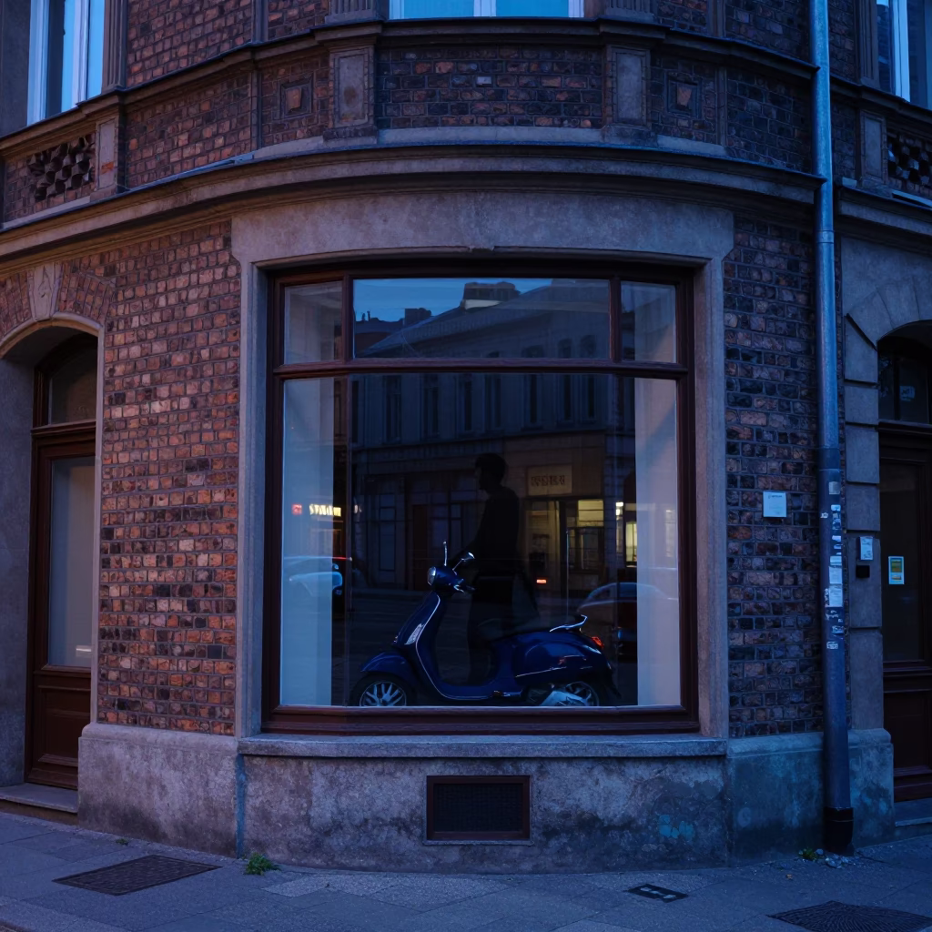 Berlin Evening Street Scene with Vintage Shop Window Reflection and Urban Details in in Berlin, Germany