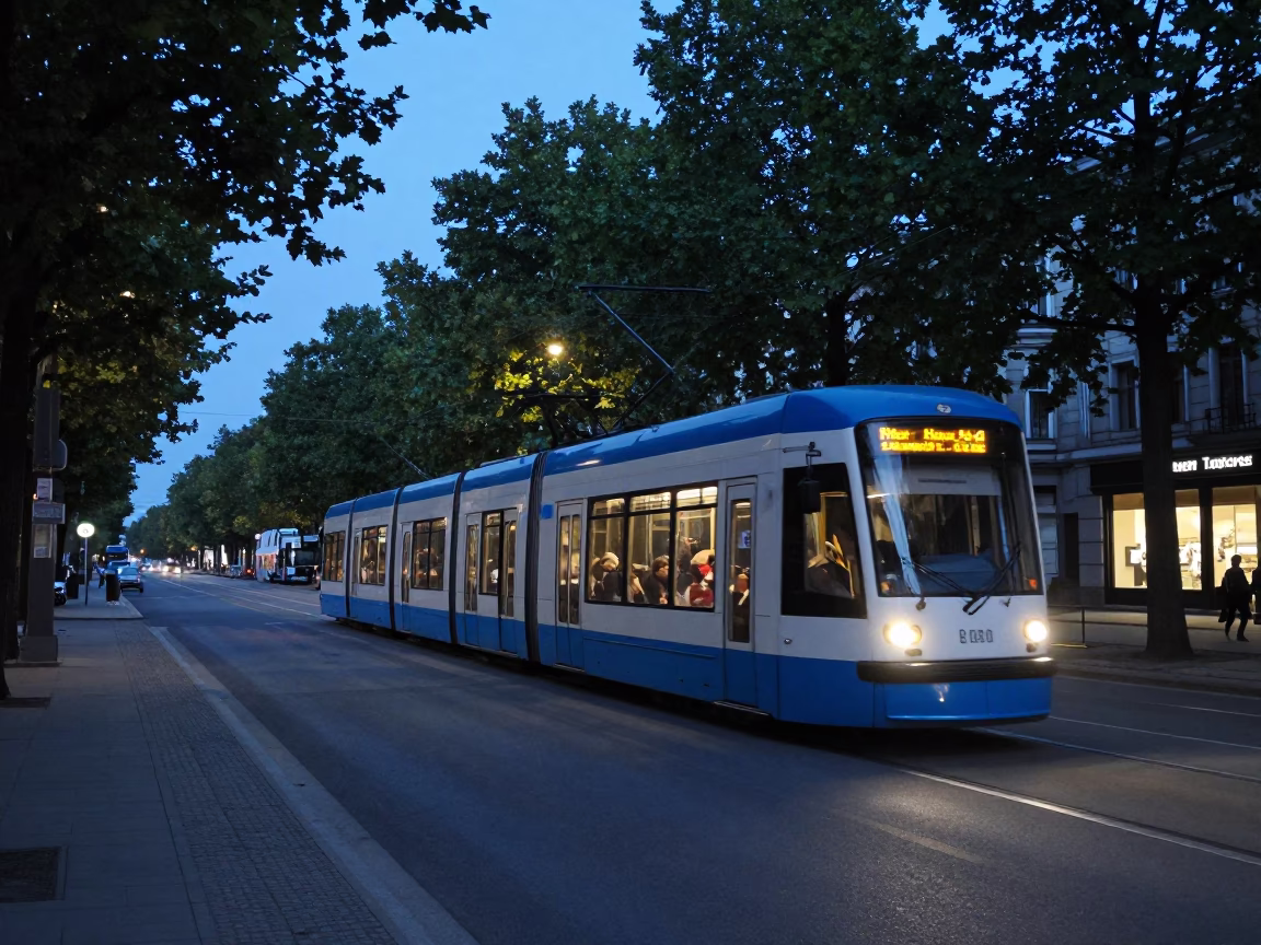 Berlin Evening Tram on Tree-Lined Boulevard in Last Blue Light in in Berlin, Germany
