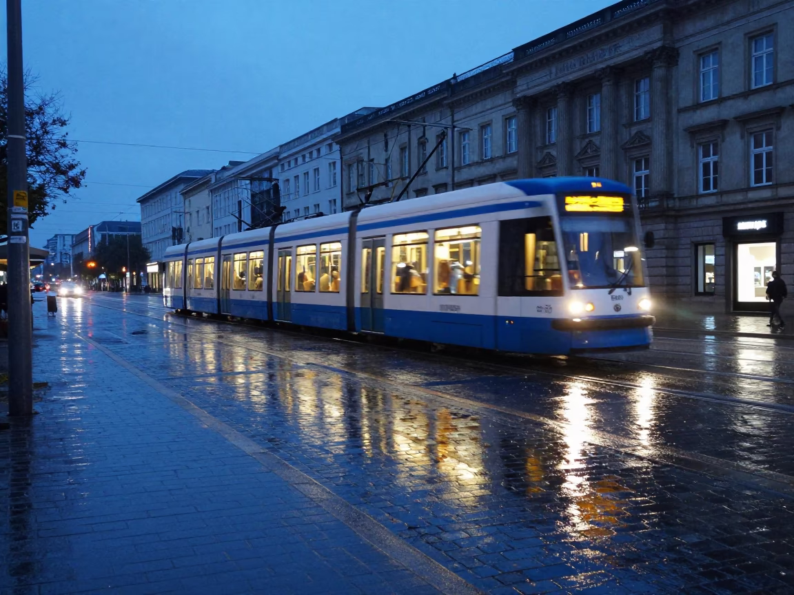 Berlin Evening Tram Reflection on Wet Cobblestones Under Twilight Blue Light in in Berlin, Germany