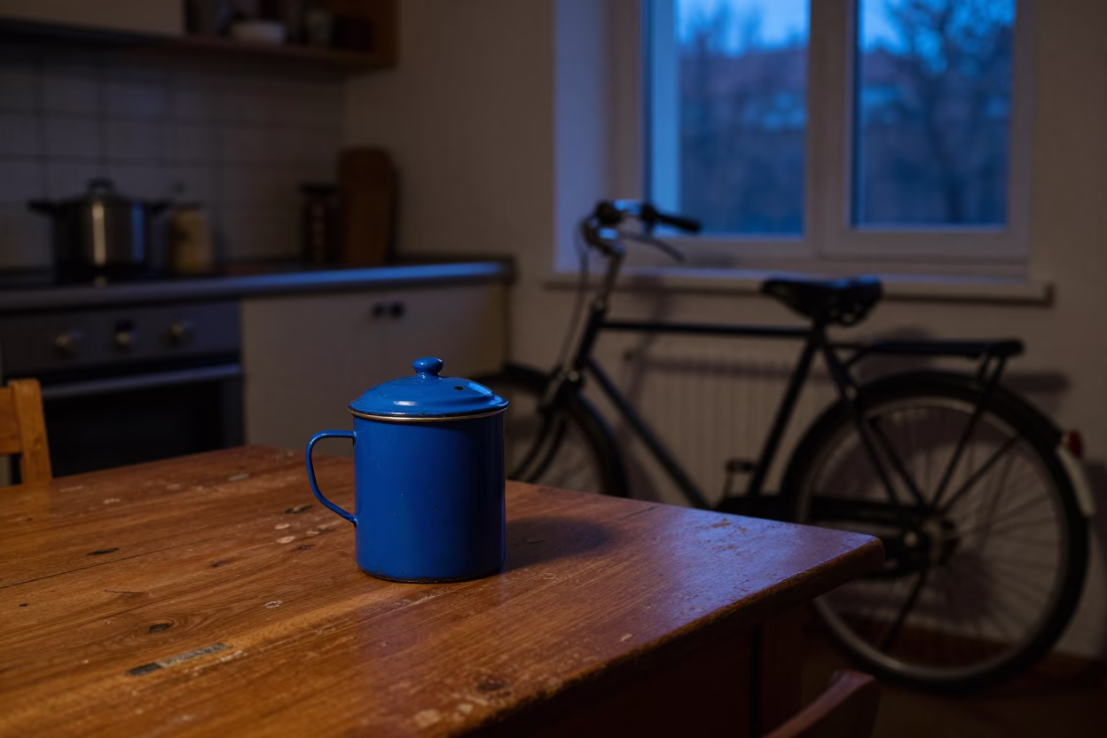 Berlin GDR Era Kitchen Interior Before Dawn with Bicycle and Enamelware in in Berlin, Germany