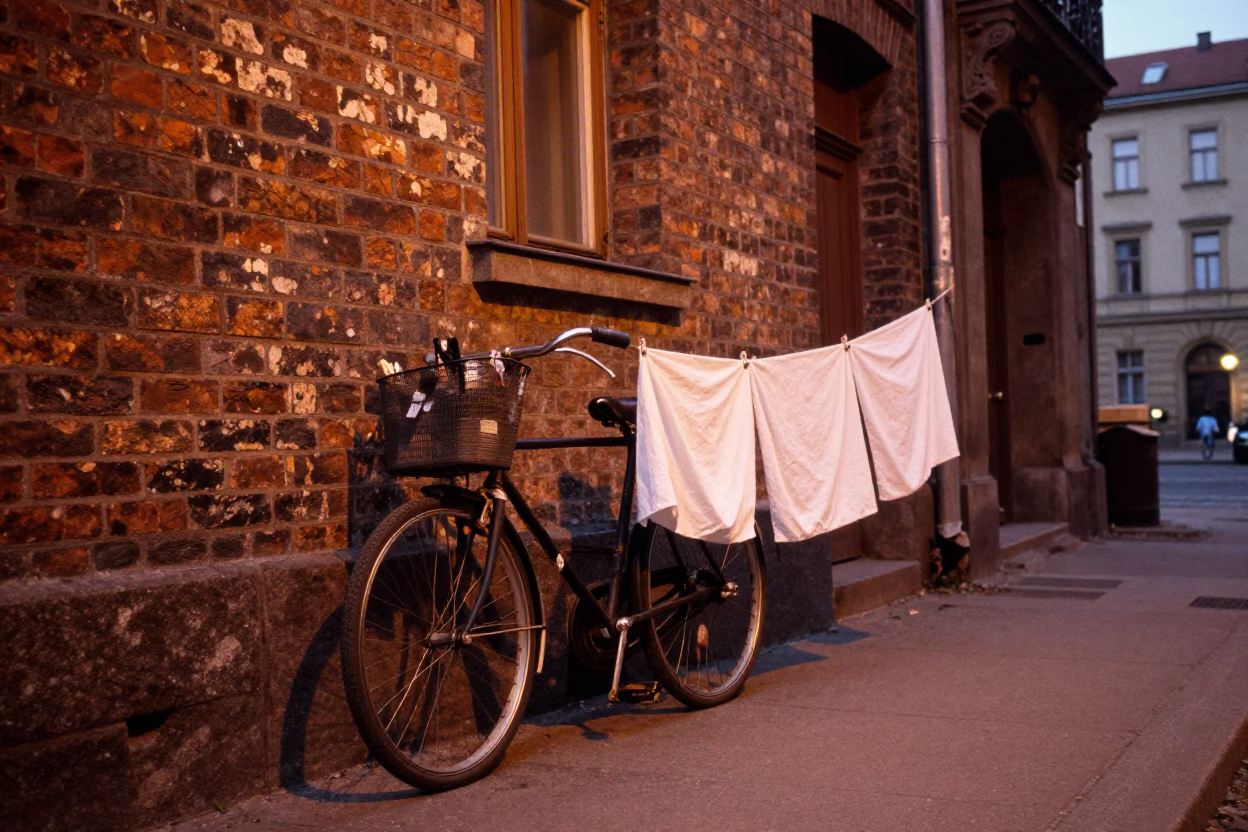 Berlin Germany 1970s Street Scene with Vintage Bicycle and Laundry Drying in Copper Light in in Berlin, Germany