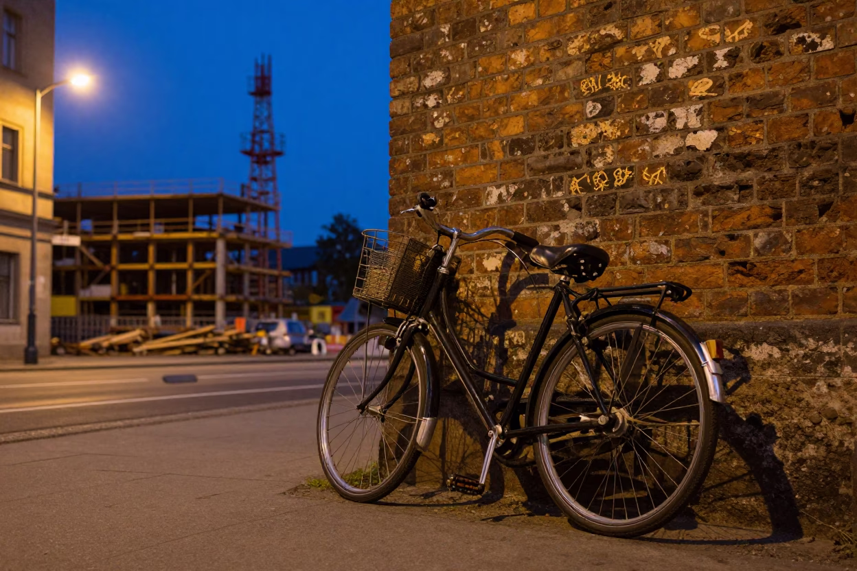 Berlin Germany Blue Hour Street Scene Vintage Bicycle and Construction Site in in Berlin, Germany