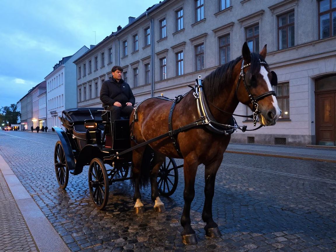 Berlin Germany blue hour street scene with horse drawn cart on cobblestones in in Berlin, Germany