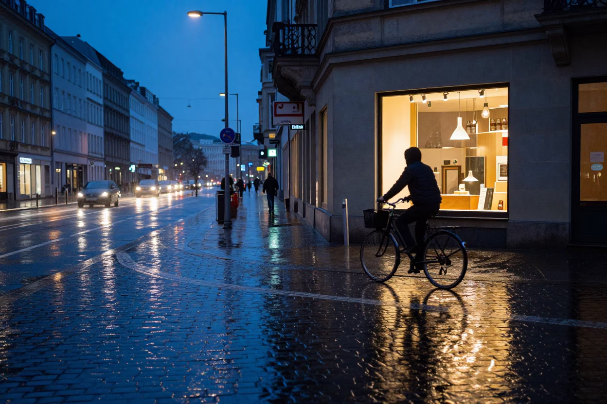 Berlin Germany Blue Hour Street Scene with Rain and Urban Reflections in in Berlin, Germany
