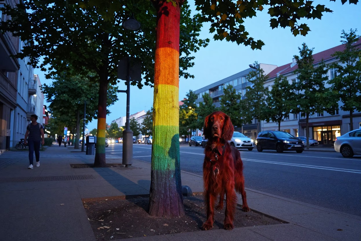 Berlin Germany Blue Hour Street Scene with Rainbow Eucalyptus and Irish Setter in in Berlin, Germany