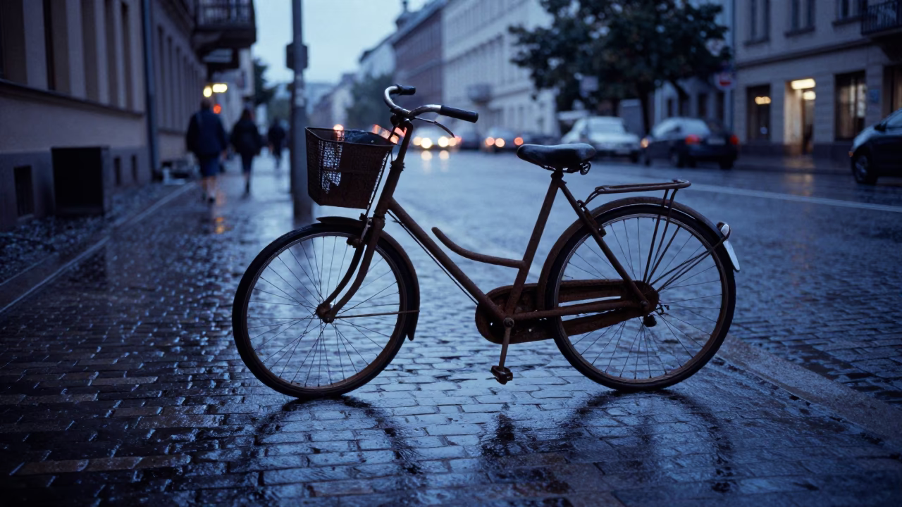 Berlin Germany blue hour street scene with rusted bicycle and wet cobblestones in in Berlin, Germany