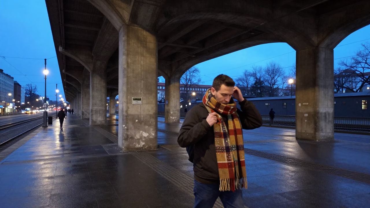 Berlin Germany Blue Hour Street Scene with Vintage Scarf and Railway Viaduct in in Berlin, Germany