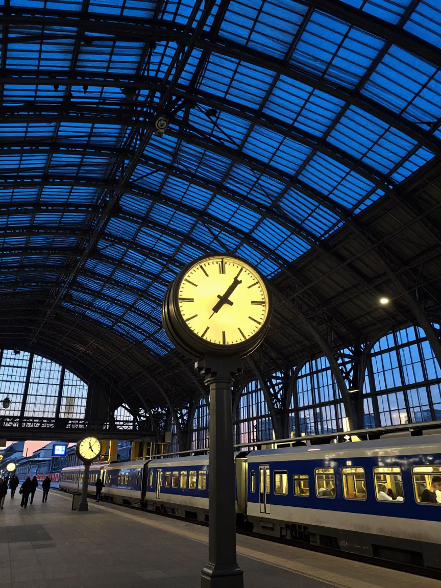 Berlin Germany Blue Hour Train Station Clock Under Vaulted Iron Roof in in Berlin, Germany