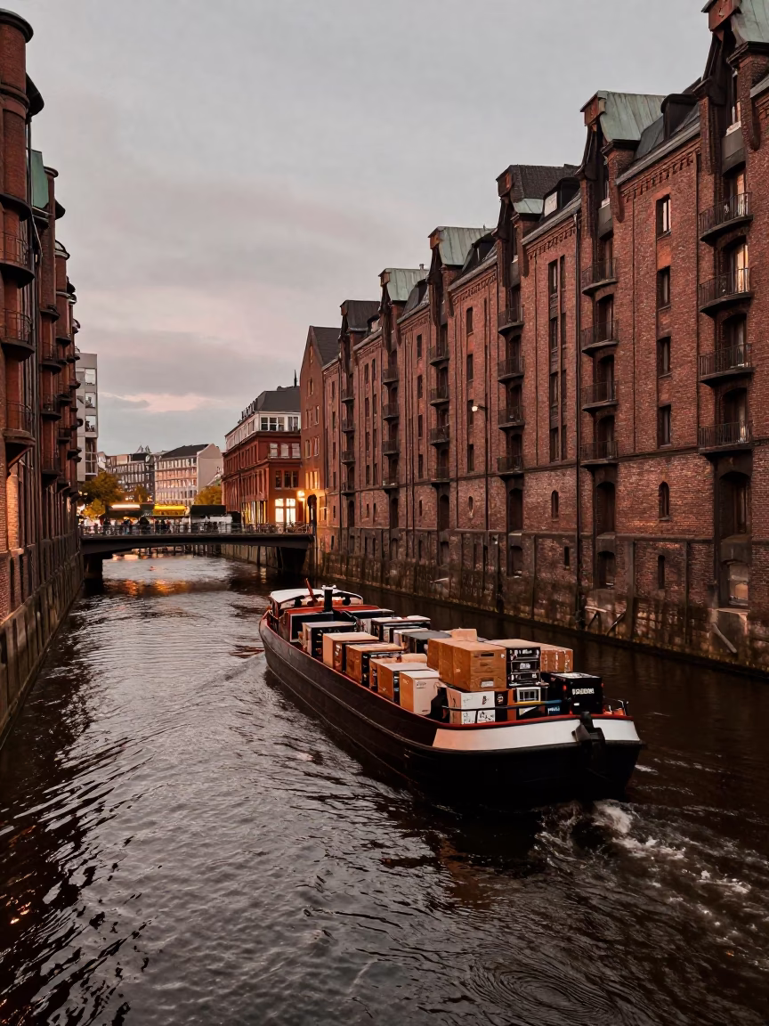 Berlin Germany Canal Barge Cargo Twilight Copper Light Street Scene in in Berlin, Germany