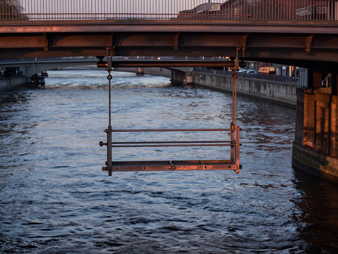 Berlin Germany copper dusk bridge maintenance cradle hanging over river water in in Berlin, Germany