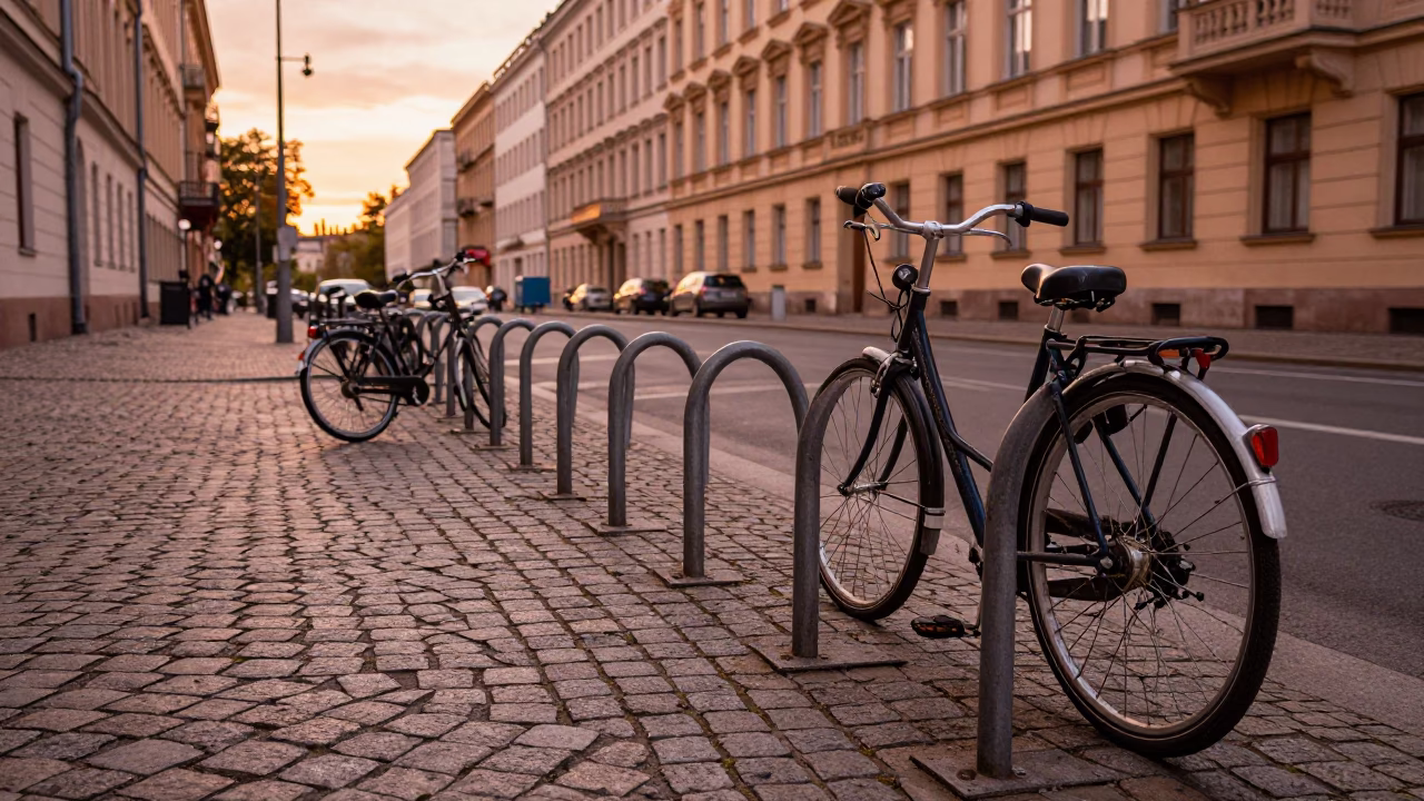 Berlin Germany copper dusk street scene with bicycle rack and urban architecture in in Berlin, Germany