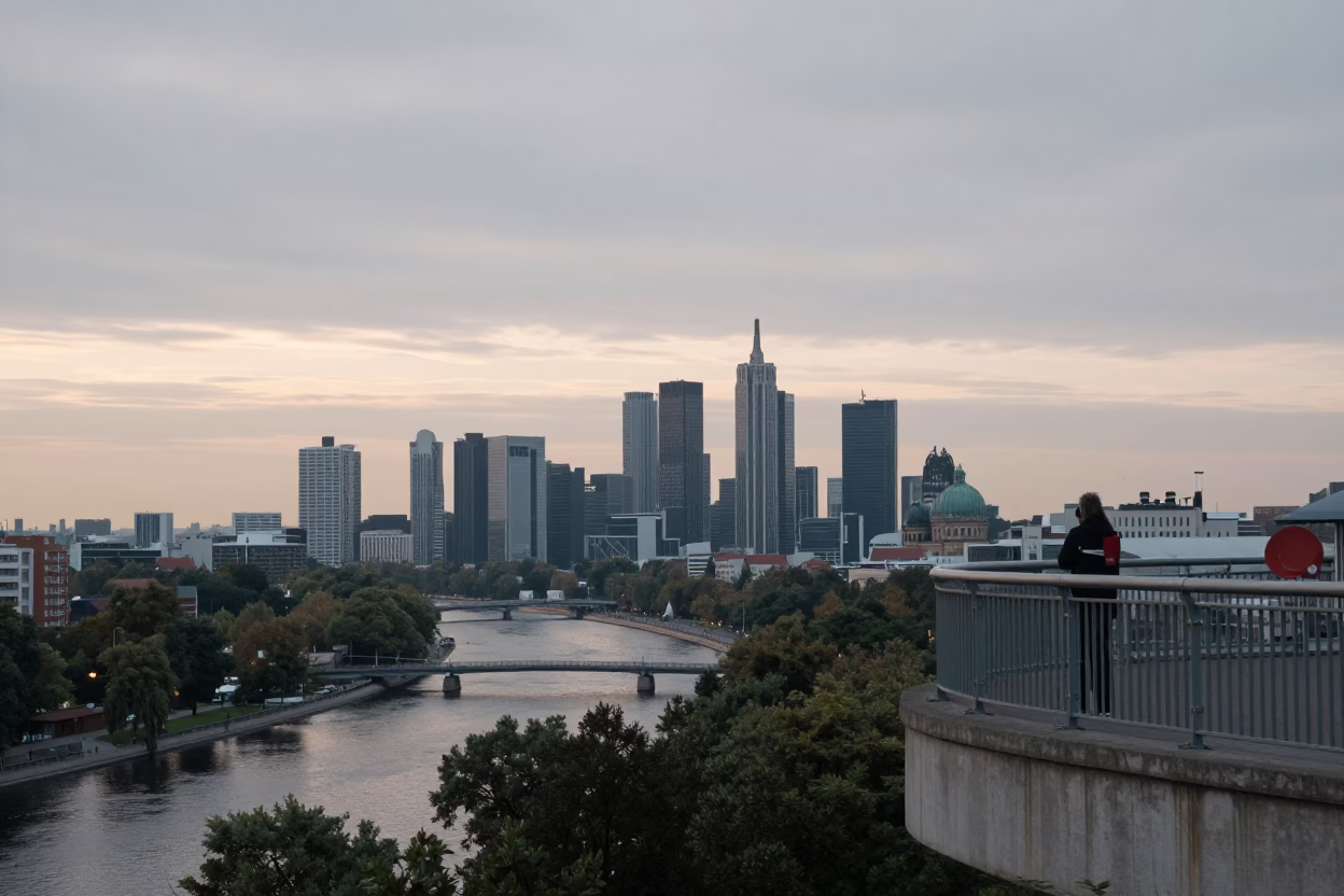 Berlin Germany Dawn Skyline View from Dam Observation Deck with Amber Beacons in in Berlin, Germany