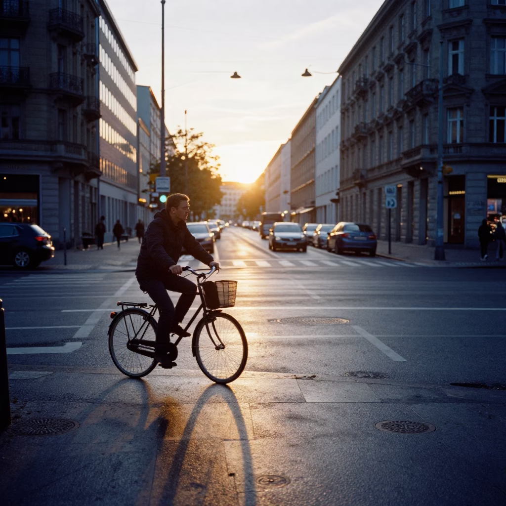 Berlin Germany dawn street scene with bicycle and urban infrastructure in in Berlin, Germany