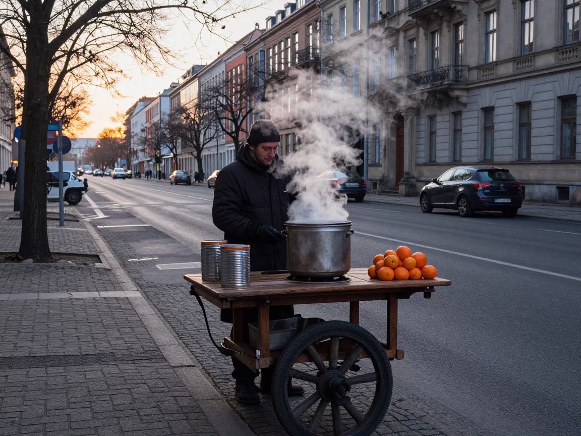 Berlin Germany Dawn Street Scene with Coffee Tin and Oranges at First Light in in Berlin, Germany